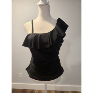 NWT Yonique Tankini Top Women Large Black One Shoulder Ruffle Ruched Slimming